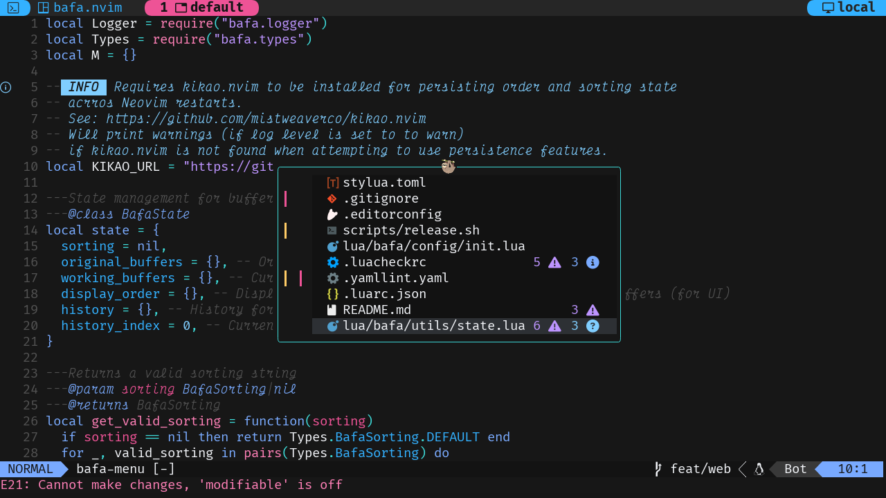 The default bafa.nvim UI showing a list of buffers.