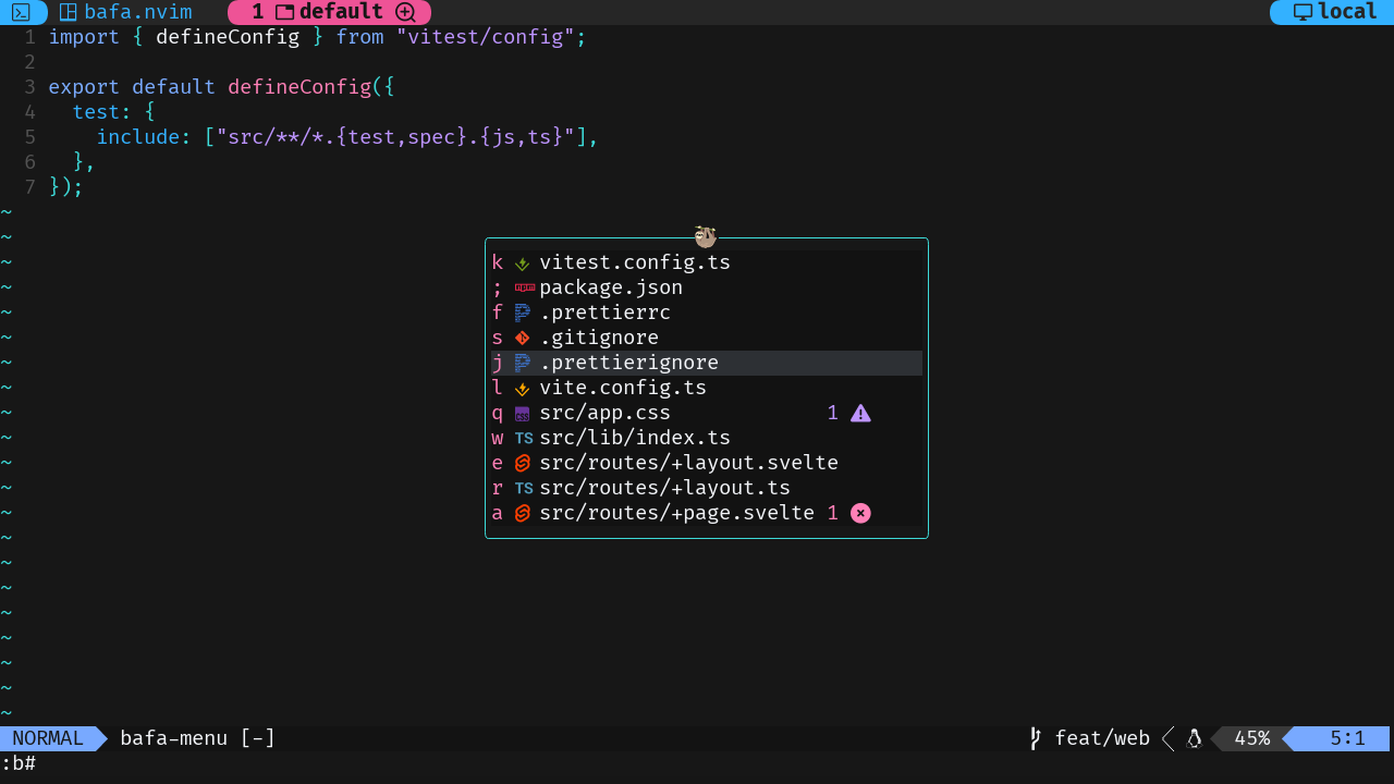 The bafa.nvim UI showing jump labels for each buffer with delete labels.