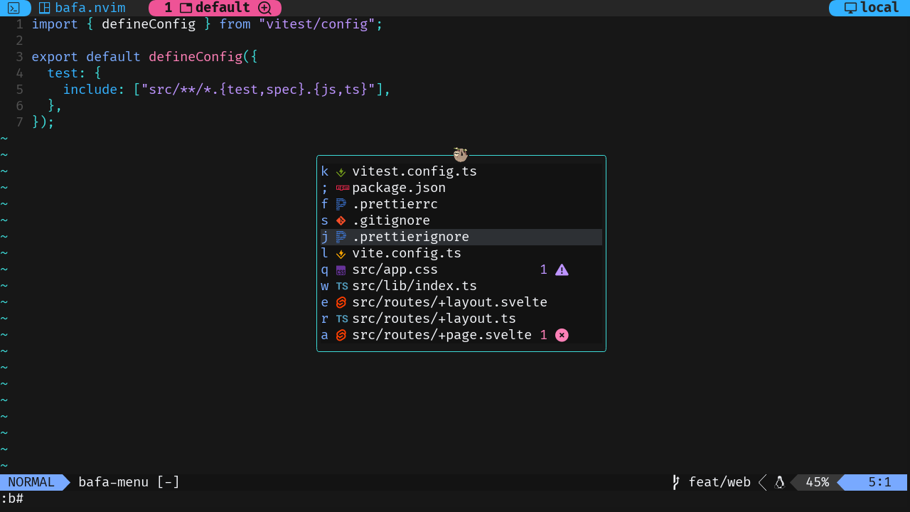 The bafa.nvim UI showing jump labels for each buffer.